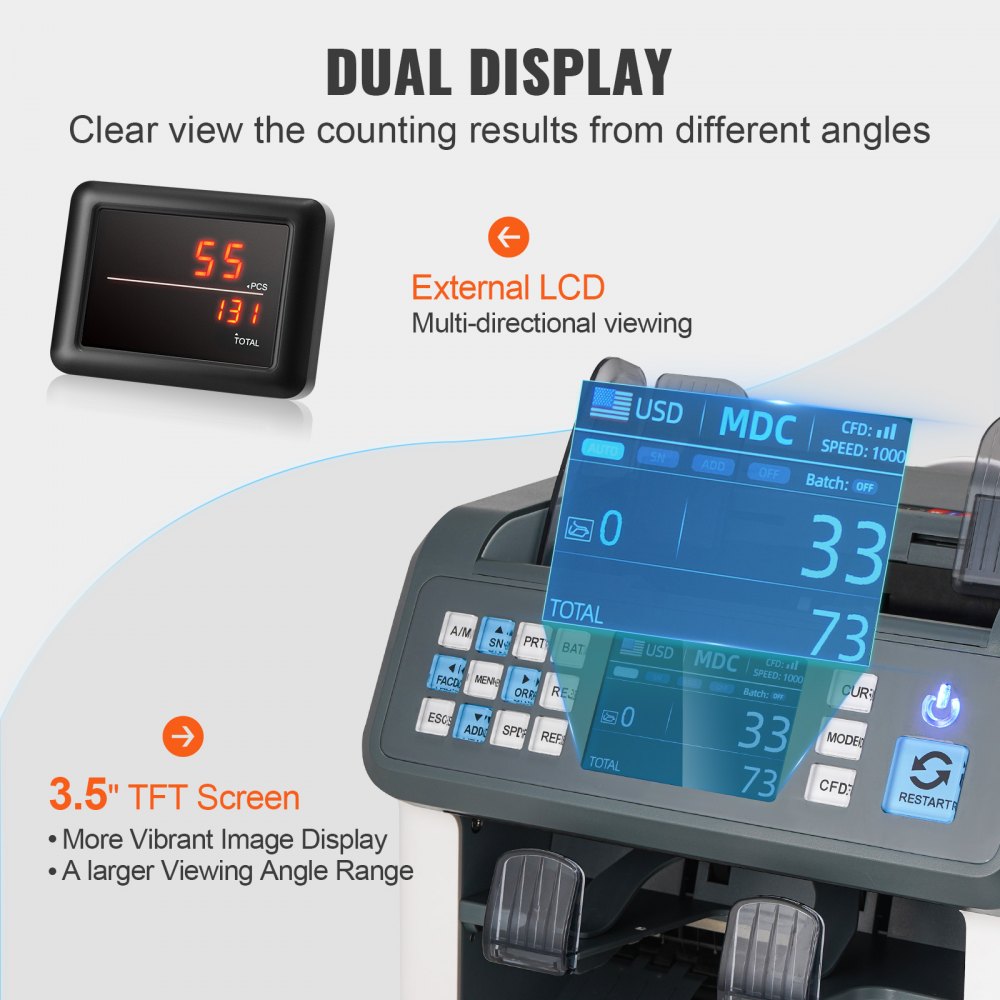 Money Counter Machine, Bill Counter with Mixed Denomination, 2CIS, SN, UV, IR, MG, DD Counterfeit Detection, Multi Currency, Value Counting Cash Counter and Sorter, Printer Enabled