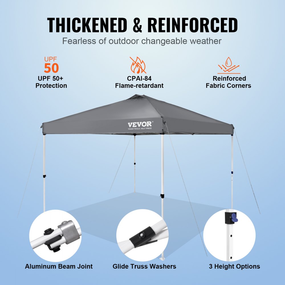 Gray 10x10 ft pop-up canopy tent with waterproof fabric, reinforced frame, and adjustable height.