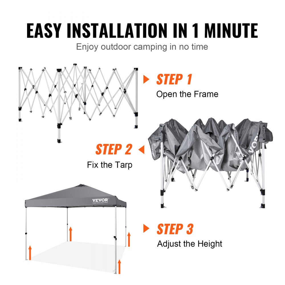 Gray 10x10 ft pop-up canopy tent with easy 3-step assembly: open frame, fix tarp, adjust height.