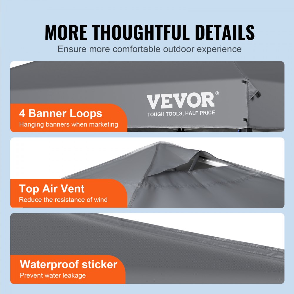 Dark gray 10x10 ft pop-up canopy tent with banner loops, top air vent, and waterproof sticker.