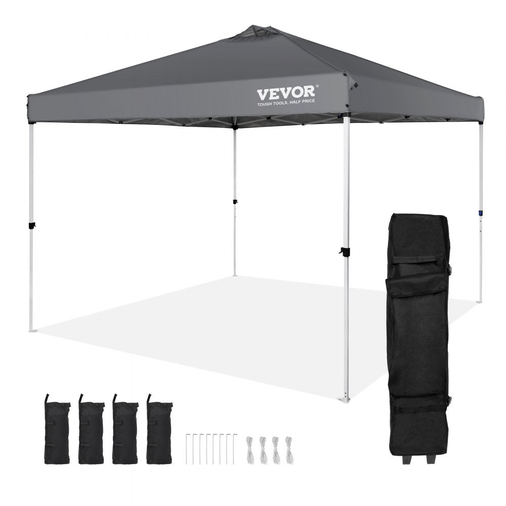 A 10x10 ft dark gray waterproof pop-up canopy tent with frame, carry bag, stakes, and sandbags.