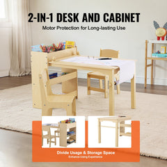 Kids Art Table and 2 Chairs, 2-in-1 Toddler Craft and Play Activity Table, Wood Toddler Table and Chair Set with A Cabinet for Art, Craft, Reading, Learning