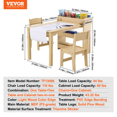 Kids Art Table and 2 Chairs, 2-in-1 Toddler Craft and Play Activity Table, Wood Toddler Table and Chair Set with A Cabinet for Art, Craft, Reading, Learning