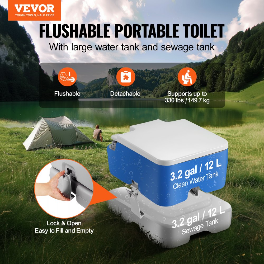 Bostome Portable Camping Toilet with 3.2-gallon flush tank and leak-proof design.