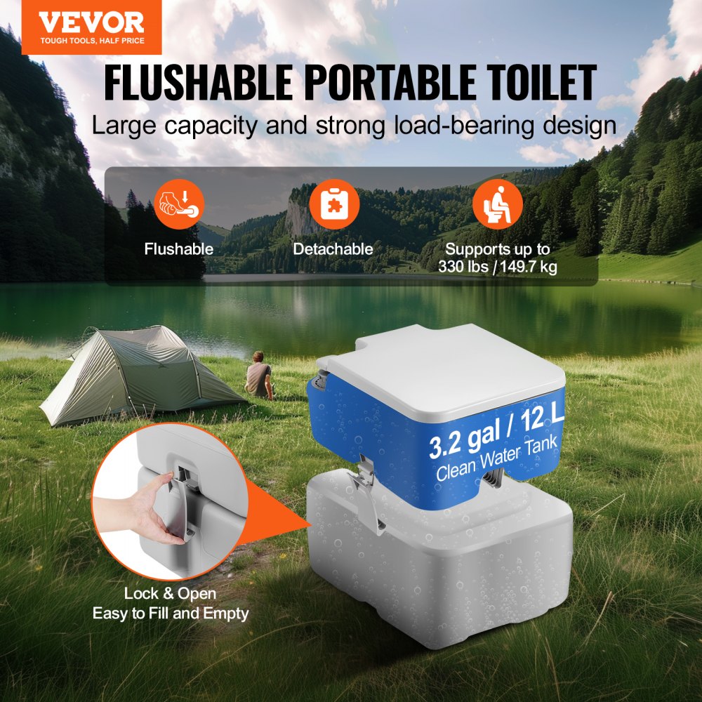 Bostome Portable Camping Toilet with 5.3 Gal waste tank and pressurized flush system.
