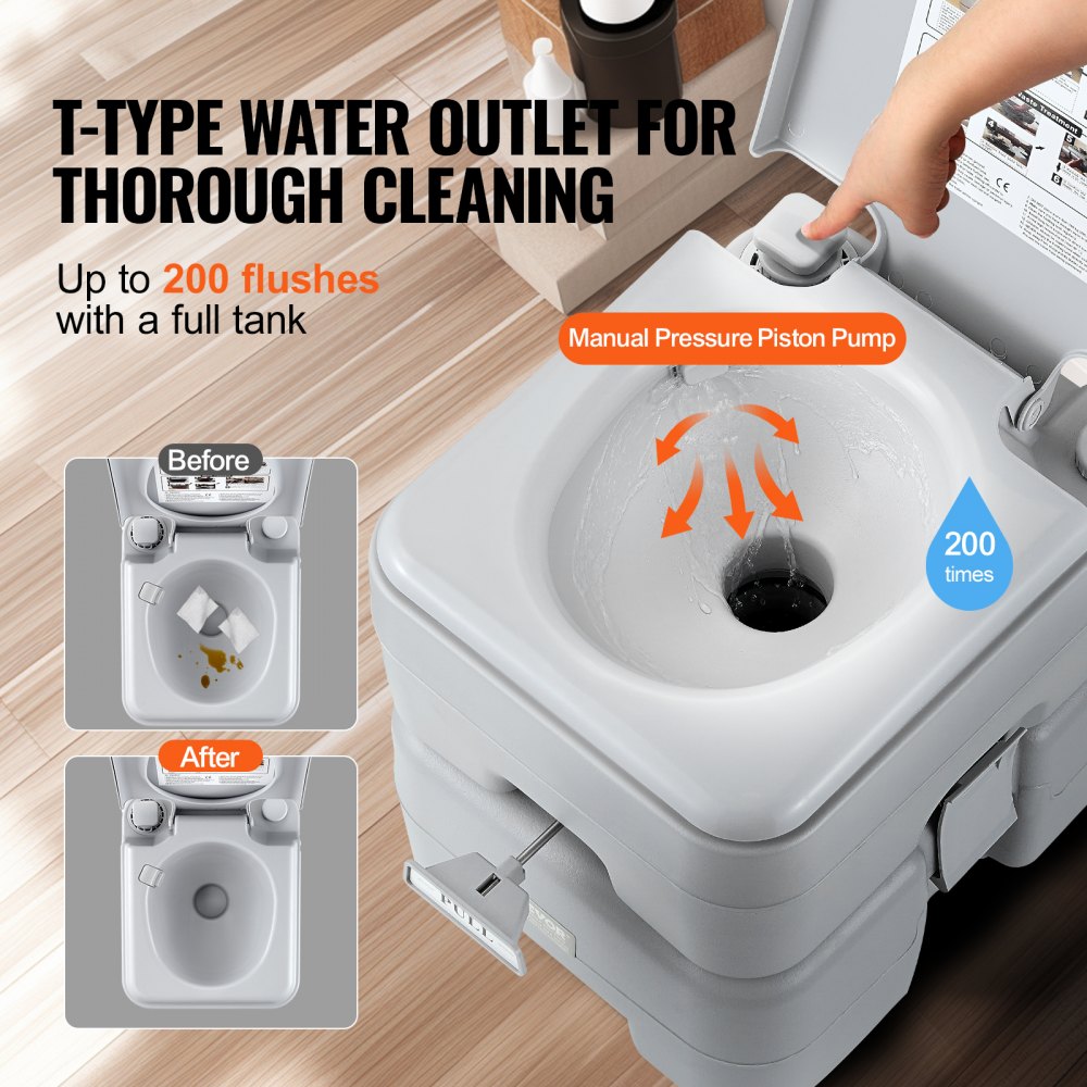 Bostome Portable Camping Toilet with 5.3 Gal waste tank and pressurized flush system.