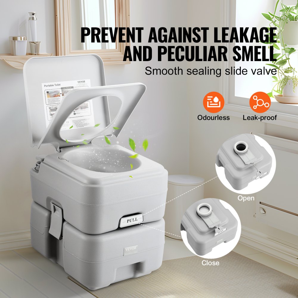 Portable camping toilet with 5.3-gallon waste tank and pressurized flush system.