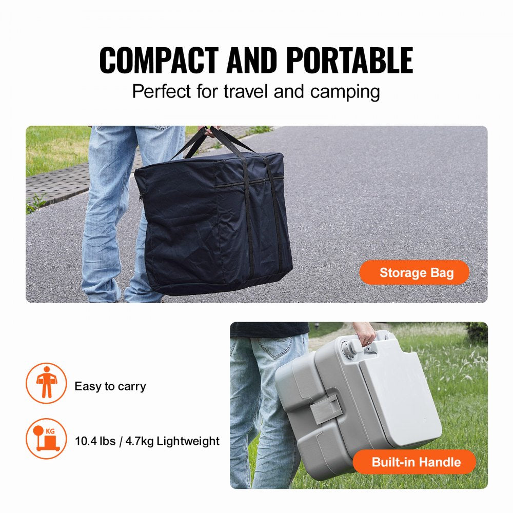 Bostome Portable Camping Toilet with 5.3 Gal waste tank and pressurized flush system.