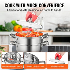 Steamer Pot, 8.66in/22cm Steamer Pot for Cooking with 3QT Stock Pot and Vegetable Steamer, Large Capacity Stainless Steel Food Steamer Cookware with Lid for Gas Electric Induction Grill Stove