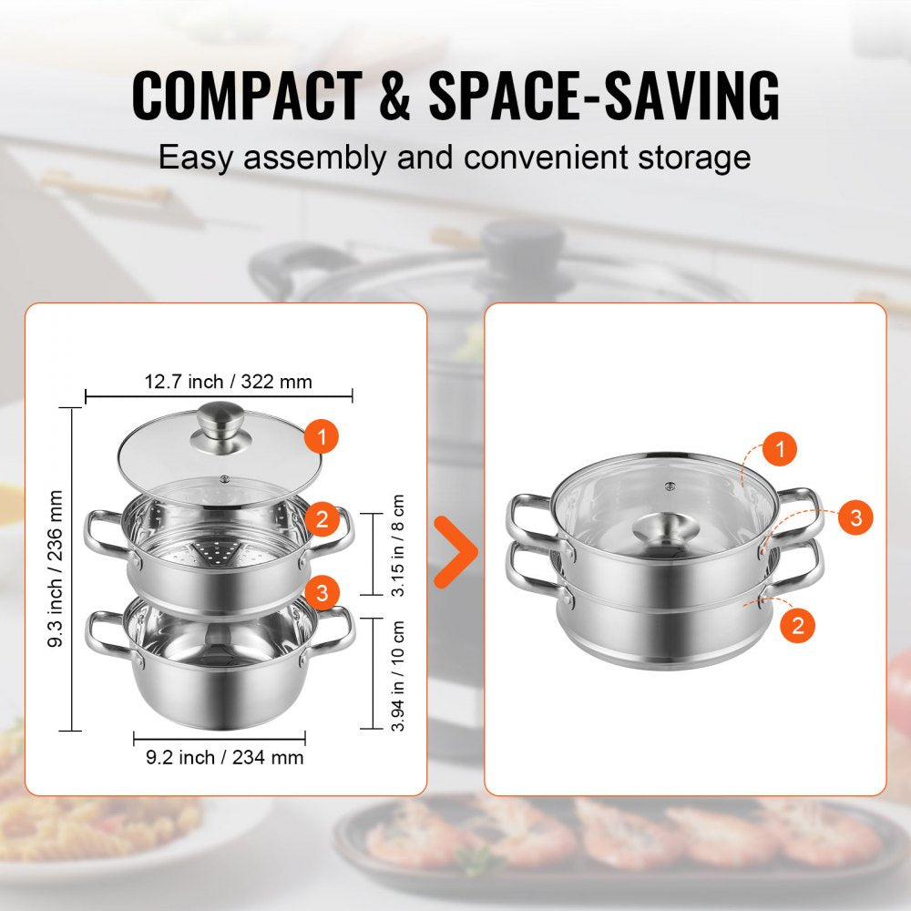 Steamer Pot, 8.66in/22cm Steamer Pot for Cooking with 3QT Stock Pot and Vegetable Steamer, Large Capacity Stainless Steel Food Steamer Cookware with Lid for Gas Electric Induction Grill Stove