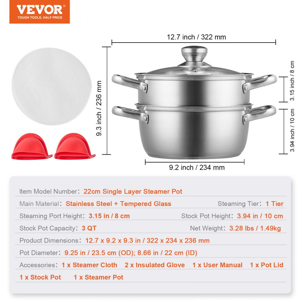 Steamer Pot, 8.66in/22cm Steamer Pot for Cooking with 3QT Stock Pot and Vegetable Steamer, Large Capacity Stainless Steel Food Steamer Cookware with Lid for Gas Electric Induction Grill Stove