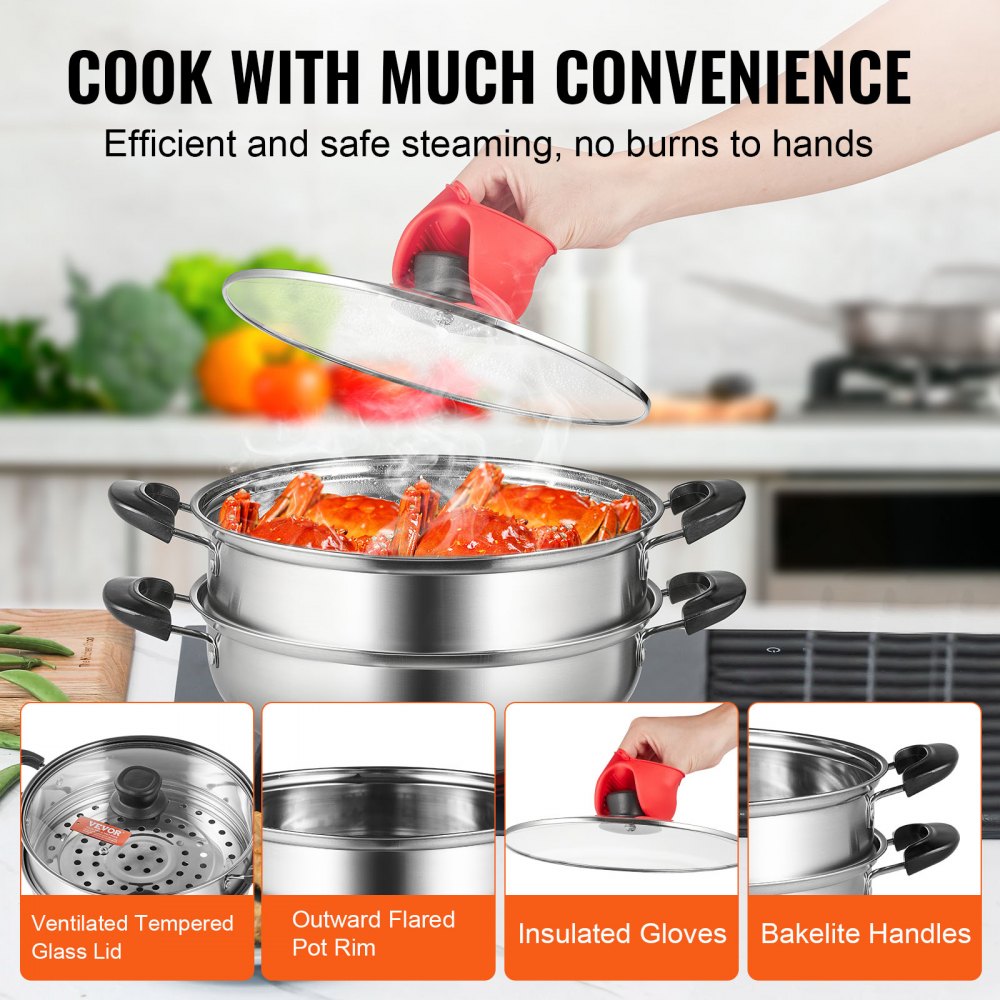 Steamer Pot, 11in/28cm Steamer Pot for Cooking with 3QT Stock Pot and Vegetable Steamer, Food-Grade 304 Stainless Steel Food Steamer Cookware with Lid for Gas Electric Induction Grill Stove