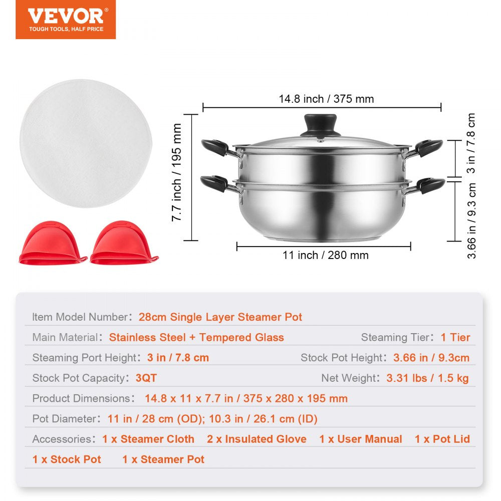 Steamer Pot, 11in/28cm Steamer Pot for Cooking with 3QT Stock Pot and Vegetable Steamer, Food-Grade 304 Stainless Steel Food Steamer Cookware with Lid for Gas Electric Induction Grill Stove