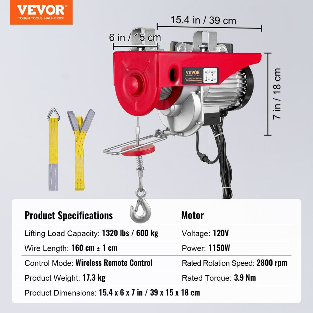 Electric Hoist, 1320 lbs Lifting Capacity, 1150W 110V Electric Steel Wire Winch with Wireless Remote Control, 40ft Single Cable Lifting Height & Pure Copper Motor, for Garage Warehouse Factory