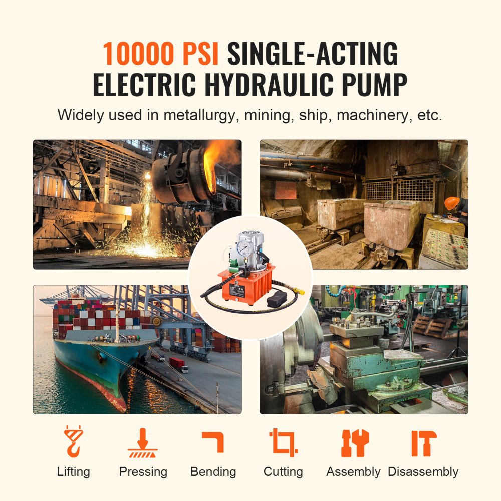 Electric Hydraulic Pump, 10000 PSI 750W 110V 488 in³/8L Capacity, Single Acting Solenoid Valve, Electric Driven Hydraulic Pump Power Pack Unit with Pedal Switch for Punching/Bending/Jack Machine
