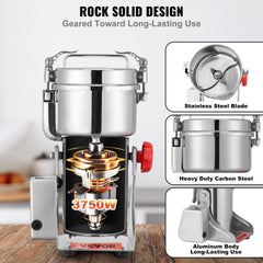 1000g Electric Grain Mill Grinder, 3750W High-Speed Commercial Spice Grinders, Stainless Steel Swing Type Pulverizer Powder Machine, for Spices Cereals Dry Grains Coffee Corn Pepper