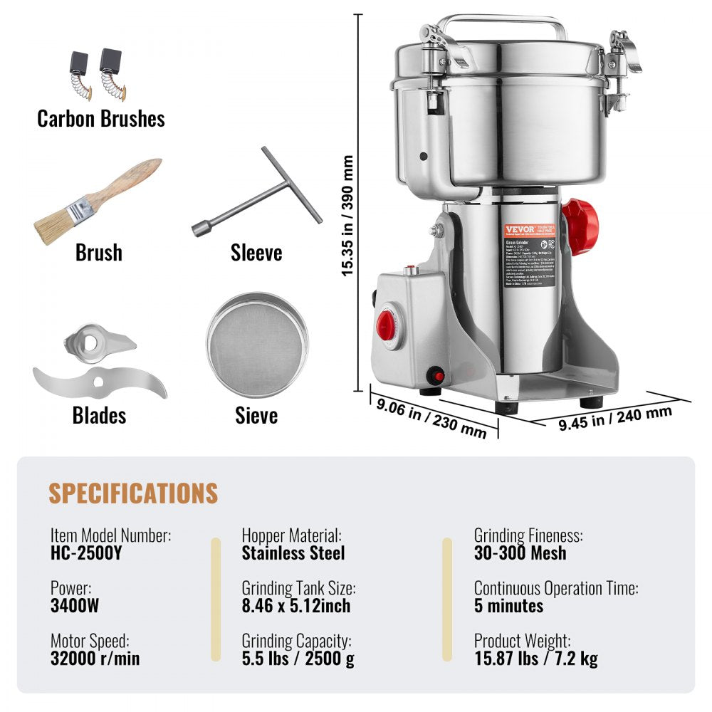 2000g Commercial Spice Grinder Electric Grain Mill Grinder High Speed