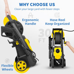 Electric Pressure Washer, 2000 PSI, Max 1.65 GPM Power Washer w/ 30 ft Hose & Reel, 5 Quick Connect Nozzles, Foam Cannon, Portable to Clean Patios, Cars, Fences, Driveways, ETL Listed