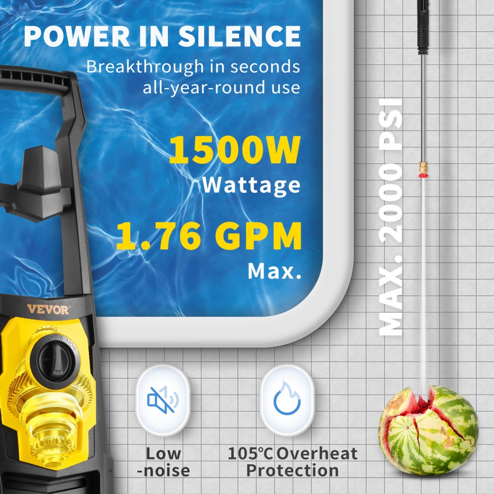 Electric Pressure Washer, 2000 PSI, Max. 1.76 GPM Power Washer w/ 30 ft Hose, 5 Quick Connect Nozzles, Foam Cannon, Portable to Clean Patios, Cars, Fences, Driveways, ETL Listed