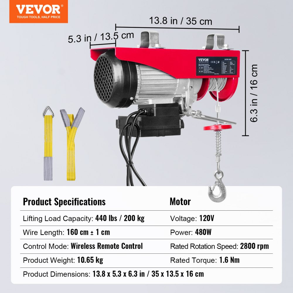 Wireless Electric Hoist, 440 lbs 110V Electric Steel Wire Winch with Wireless Remote Control, 40ft Single Cable Lifting Height & Pure Copper Motor, for Garage Warehouse Factory