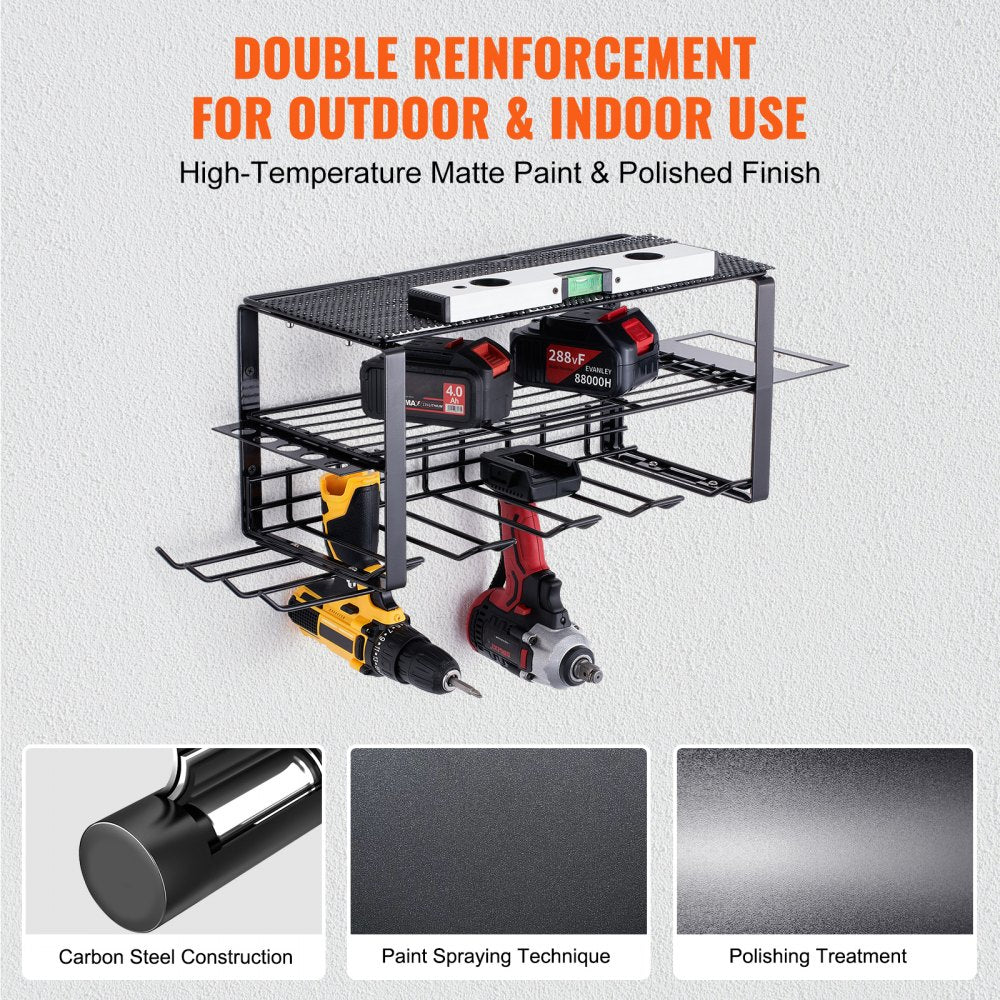 Power Tool Organizer, 4 Slot, 3 Layers, Cordless Drill Holder Wall Mount, Battery Charging Station Storage Rack, Multi-Function Garage Organization, Heavy Duty Metal Shelf for Screwdriver Pliers