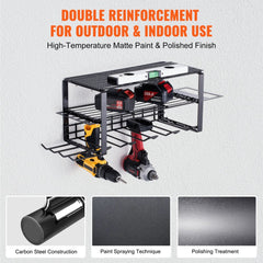Power Tool Organizer, 4 Slot, 3 Layers, Cordless Drill Holder Wall Mount, Battery Charging Station Storage Rack, Multi-Function Garage Organization, Heavy Duty Metal Shelf for Screwdriver Pliers