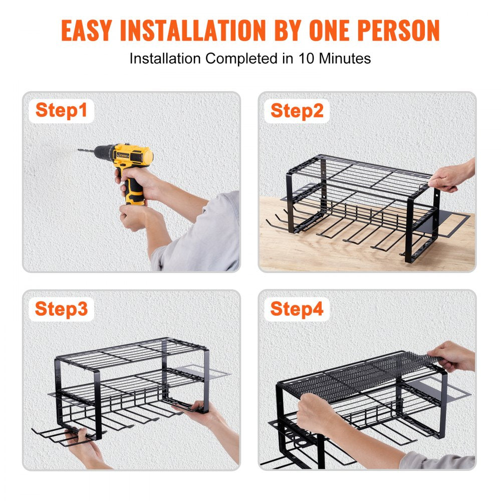 Power Tool Organizer, 4 Slot, 3 Layers, Cordless Drill Holder Wall Mount, Battery Charging Station Storage Rack, Multi-Function Garage Organization, Heavy Duty Metal Shelf for Screwdriver Pliers