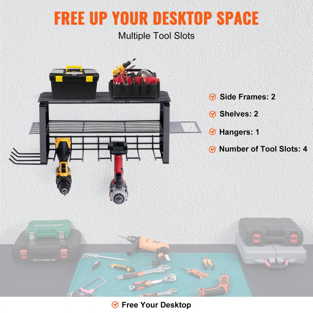 Power Tool Organizer, 4 Slot, 3 Layers, Cordless Drill Holder Wall Mount, Battery Charging Station Storage Rack, Multi-Function Garage Organization, Heavy Duty Metal Shelf for Screwdriver Pliers