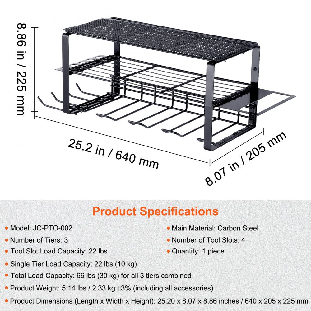 Power Tool Organizer, 4 Slot, 3 Layers, Cordless Drill Holder Wall Mount, Battery Charging Station Storage Rack, Multi-Function Garage Organization, Heavy Duty Metal Shelf for Screwdriver Pliers