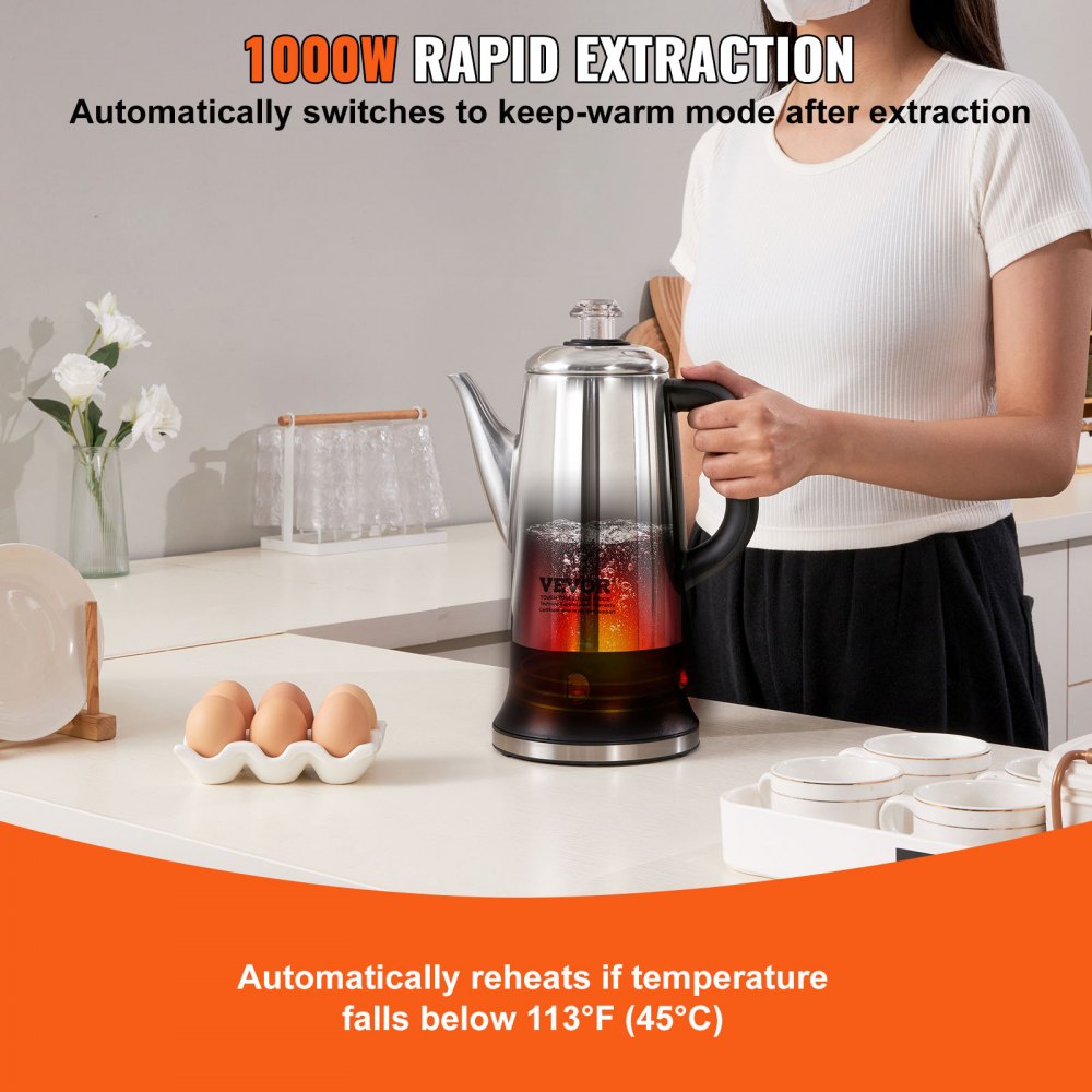 12-Cup Electric Percolator Coffee Pot, 304 Stainless Steel Coffee Percolator with Keep Warm Function & Heat-Resistant Handle, Classic Coffee Maker, Quick Brew & Easy-Pour Spout, Silver