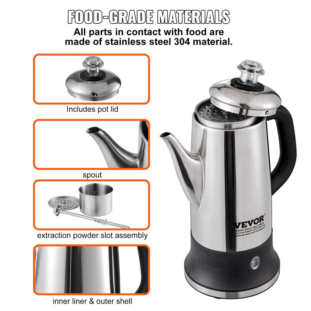 12-Cup Electric Percolator Coffee Pot, 304 Stainless Steel Coffee Percolator with Keep Warm Function & Heat-Resistant Handle, Classic Coffee Maker, Quick Brew & Easy-Pour Spout, Silver