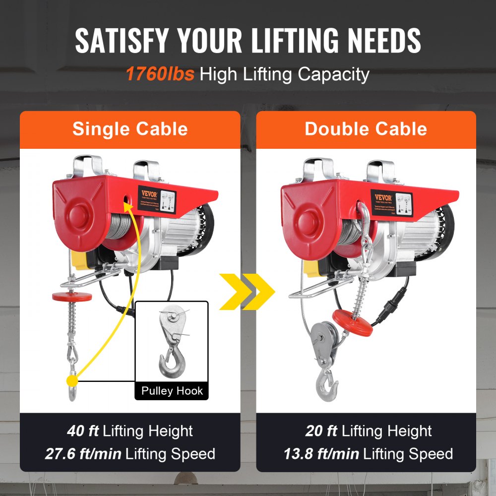 Electric Hoist Crane Winch 1760 lbs with 328 ft Wireless Remote Control