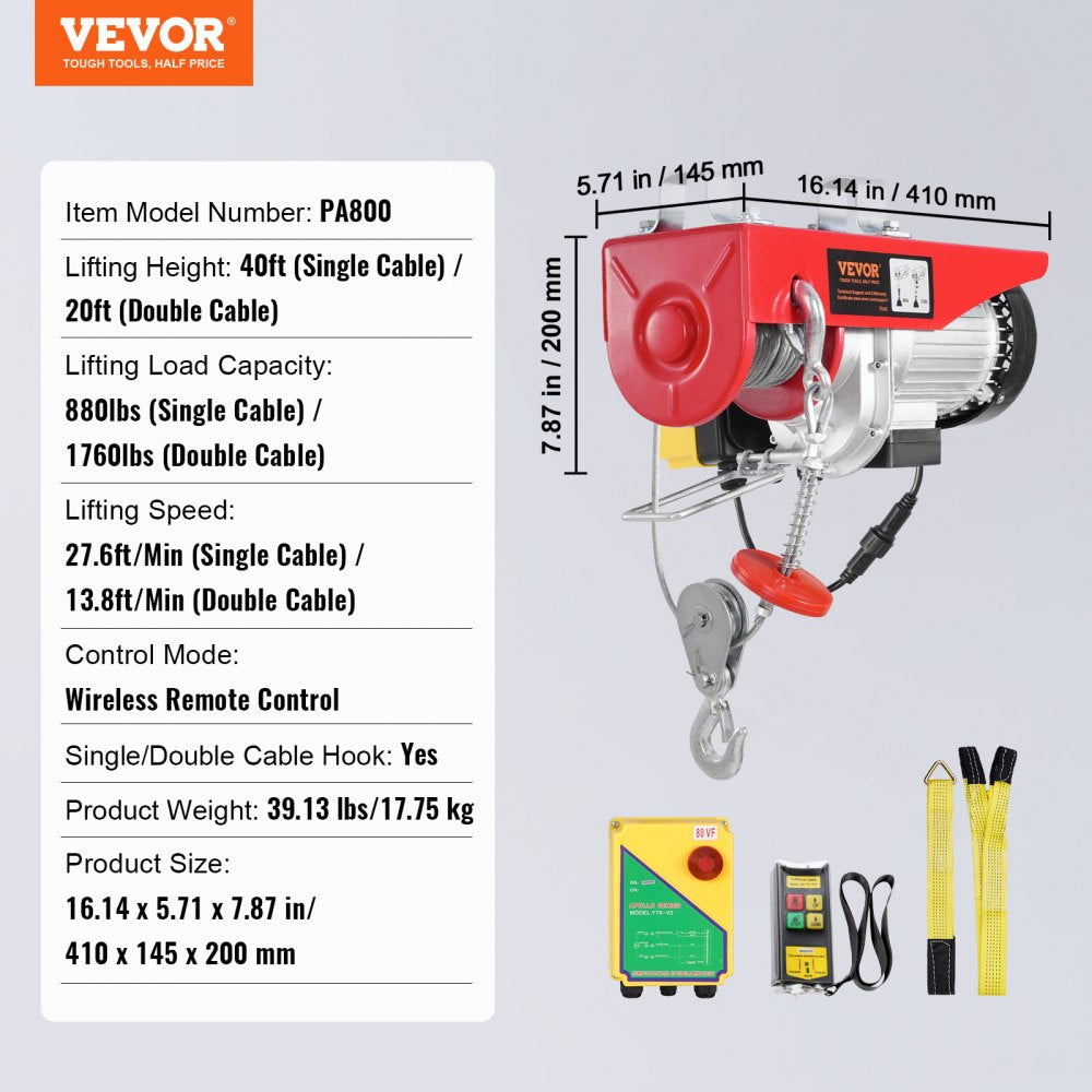 Electric Hoist Crane Winch 1760 lbs with 328 ft Wireless Remote Control