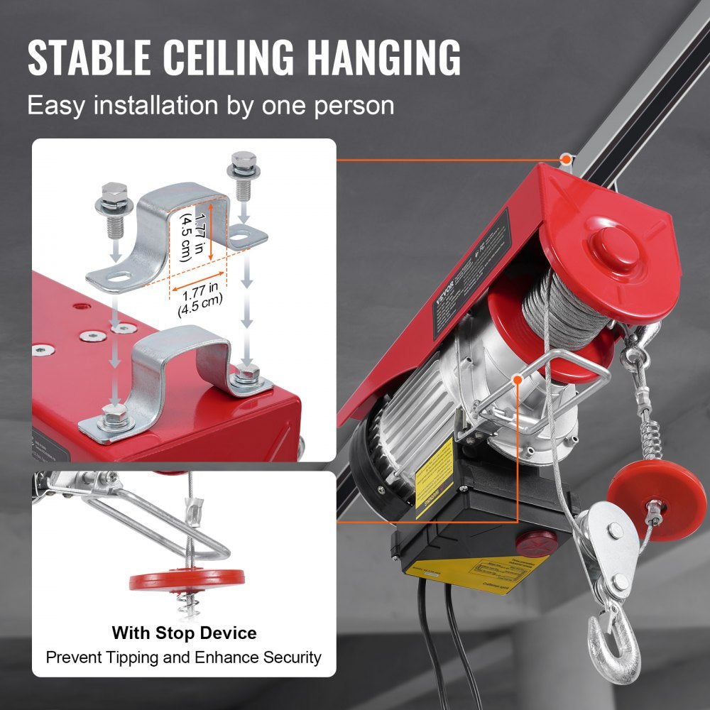 Electric Hoist Crane Winch 1320 lbs 328 ft Wireless & 14 ft Wired Remote