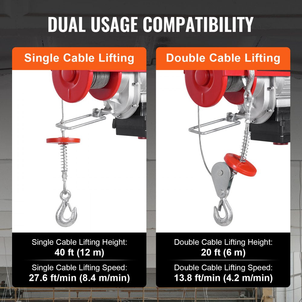 Electric Hoist Crane Winch 1320 lbs 328 ft Wireless & 14 ft Wired Remote