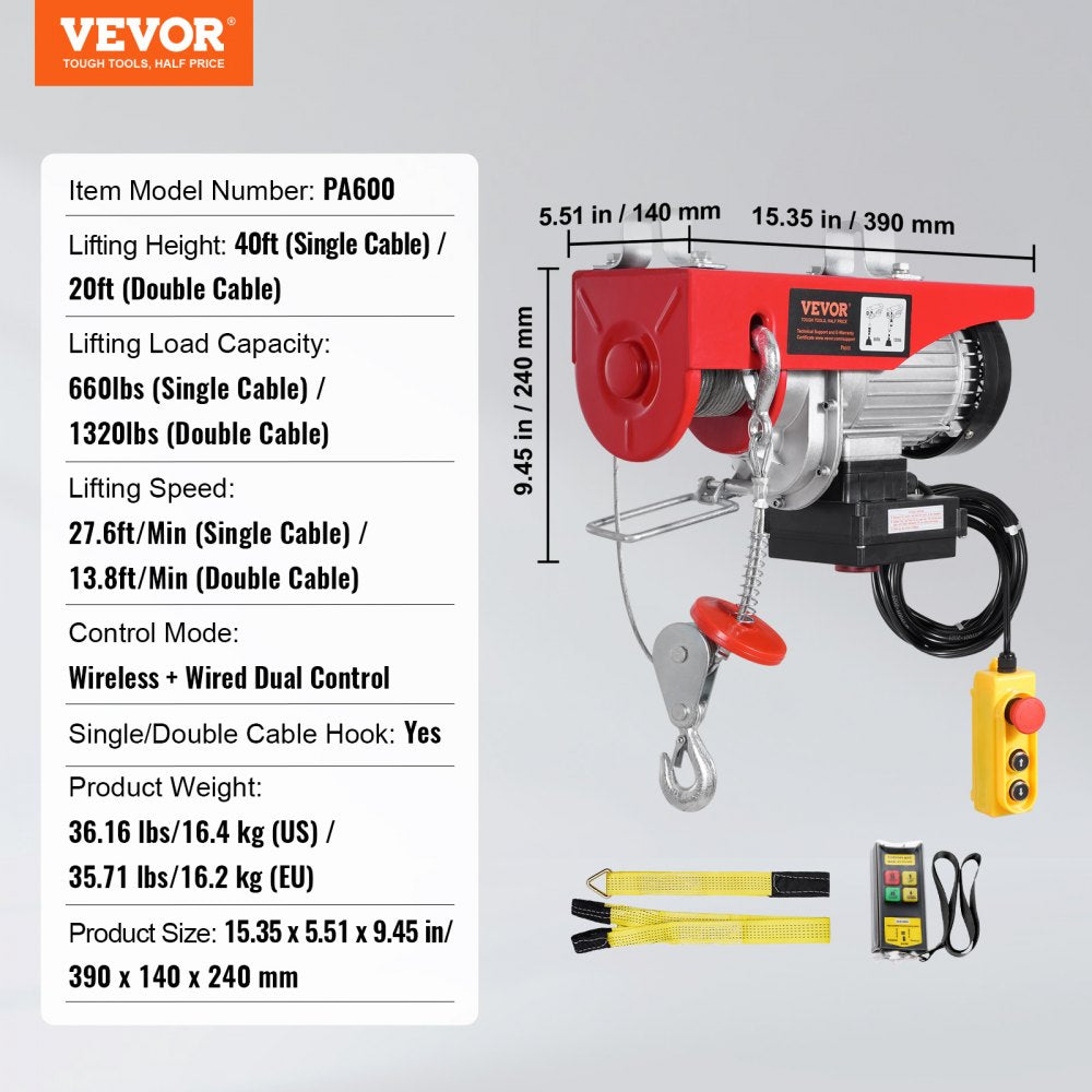 Electric Hoist Crane Winch 1320 lbs 328 ft Wireless & 14 ft Wired Remote