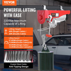 Electric Hoist Crane Winch 2200 lbs 328 ft Wireless & 14 ft Wired Remote