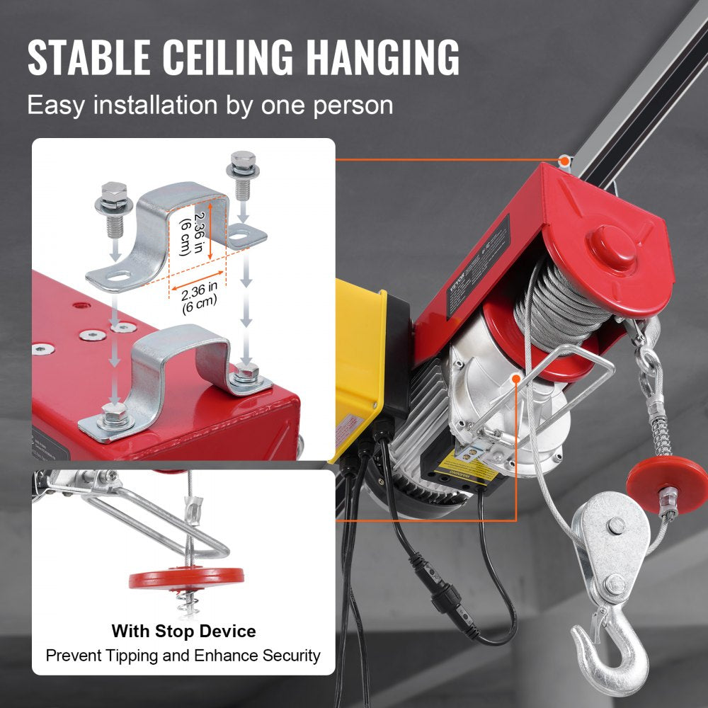 Electric Hoist Crane Winch 2200 lbs 328 ft Wireless & 14 ft Wired Remote