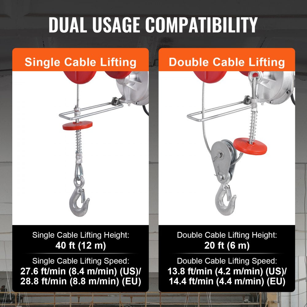 Electric Hoist Crane Winch 2200 lbs 328 ft Wireless & 14 ft Wired Remote