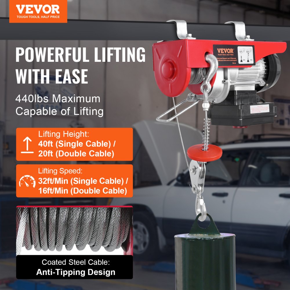 Electric Hoist Crane Winch 440 lbs 328 ft Wireless & 14 ft Wired Remote