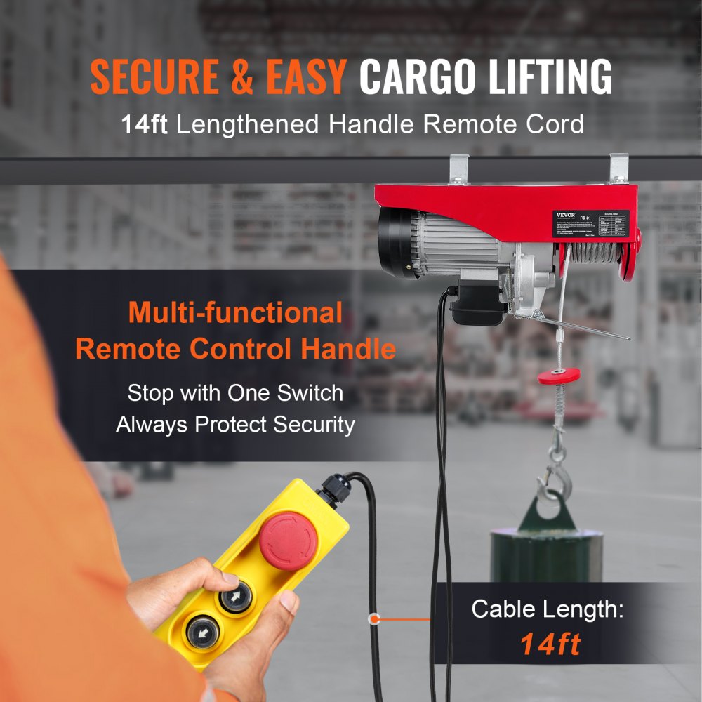 880lbs Electric Hoist with 14ft Wired Remote Control, 110V Electric Hoist Attic Lift 20-40 FT Lifting Height for Garage Attic Warehouse Factory
