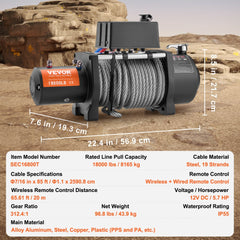 Electric Winch Truck 18,000 lb Steel Cable IP65 Waterproof Remote Control