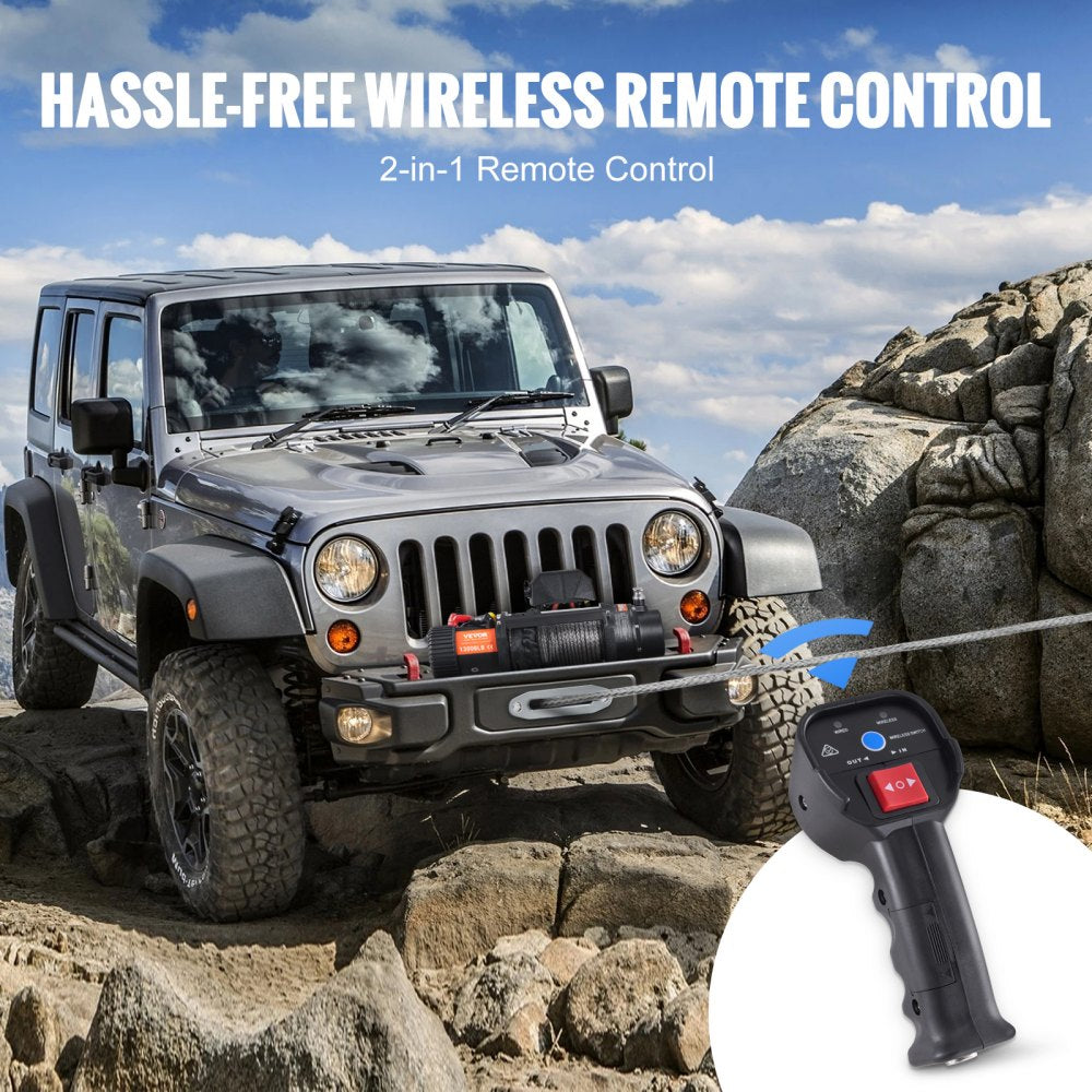 Electric Winch, 12V 13,000 lb Load Capacity Nylon Rope Winch, IP67 3/8” x 85ft ATV Winch with Wireless Handheld Remote & Hawse Fairlead for Towing Jeep Off-Road SUV Truck Car Trailer Boat