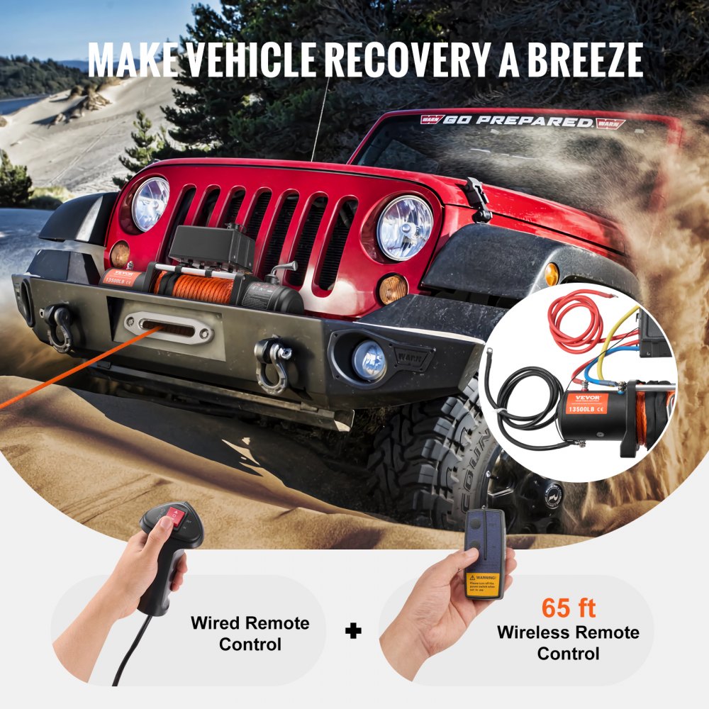 Electric Winch Truck 13,500 lb Synthetic Rope Waterproof Remote Control