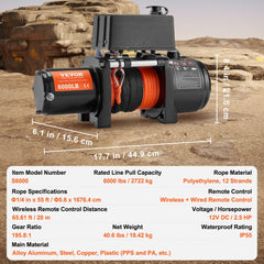 Electric Winch for Truck 6000 lb Synthetic Rope Waterproof Remote Control