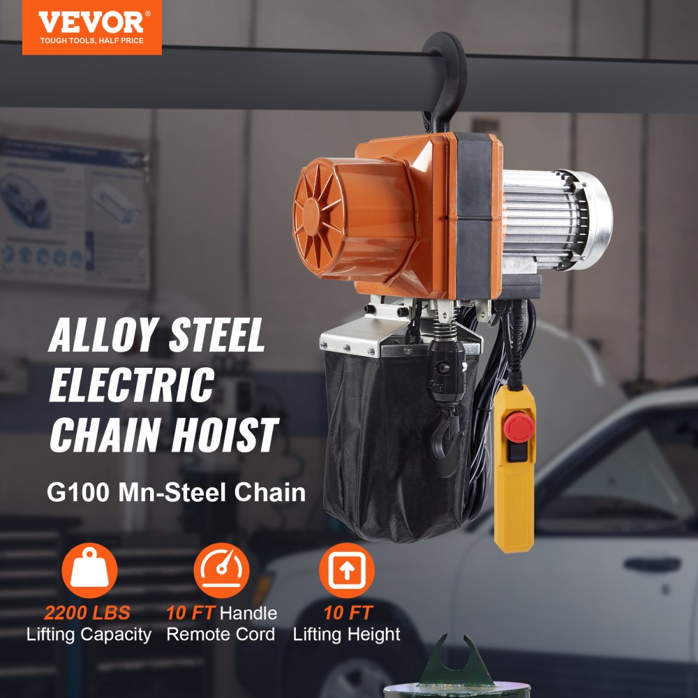 Electric Chain Hoist, 2200 lbs/1 ton Capacity, 10 ft Lifting Height, 10 ft/min Speed, 120V, Single Phase Overhead Crane with G100 Chain, 10 ft Wired Remote Control for Garage, Shop, Hotel, Home