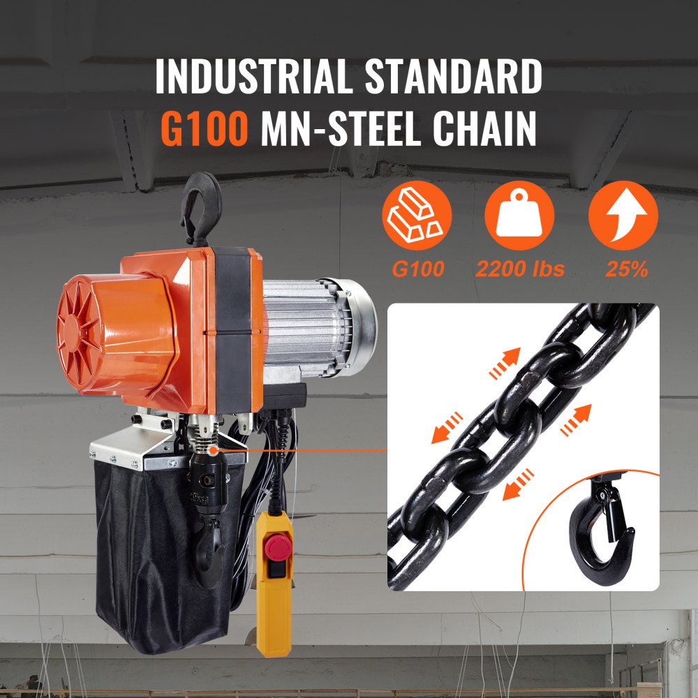 Electric Chain Hoist, 2200 lbs/1 ton Capacity, 10 ft Lifting Height, 10 ft/min Speed, 120V, Single Phase Overhead Crane with G100 Chain, 10 ft Wired Remote Control for Garage, Shop, Hotel, Home