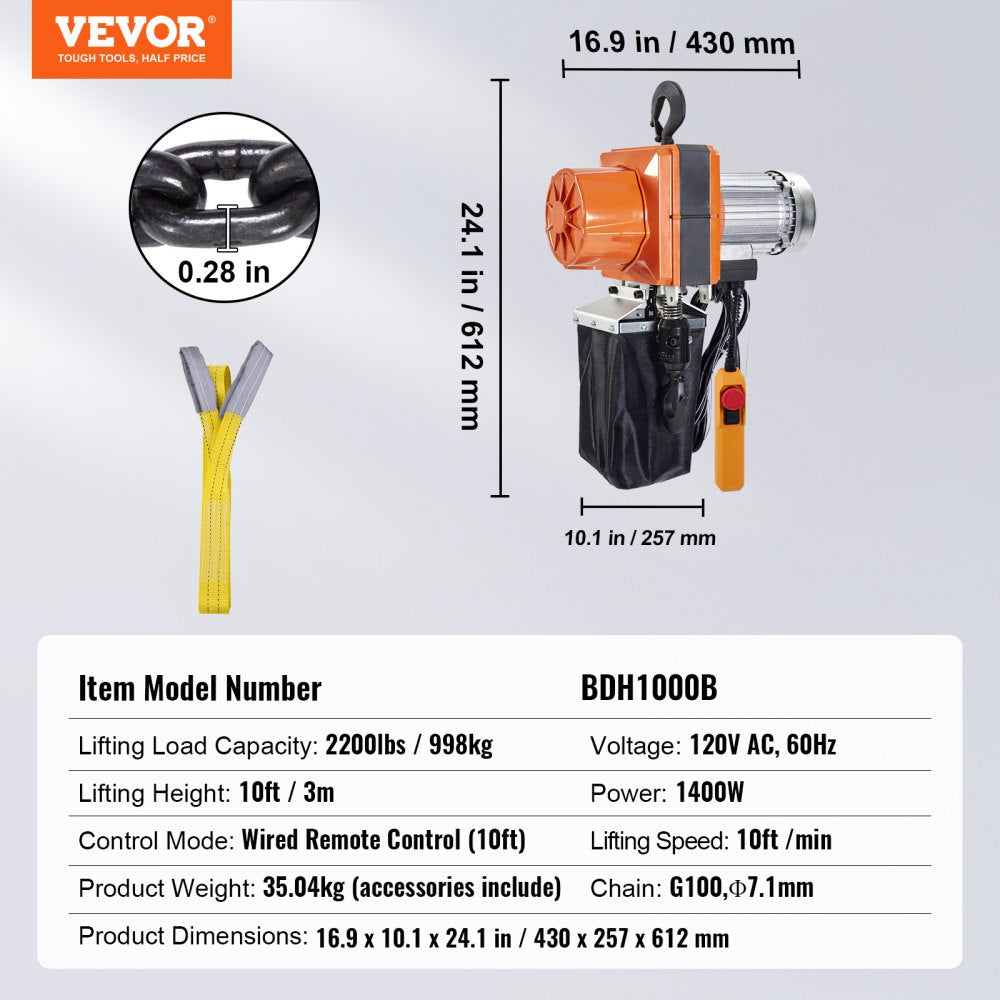 Electric Chain Hoist, 2200 lbs/1 ton Capacity, 10 ft Lifting Height, 10 ft/min Speed, 120V, Single Phase Overhead Crane with G100 Chain, 10 ft Wired Remote Control for Garage, Shop, Hotel, Home