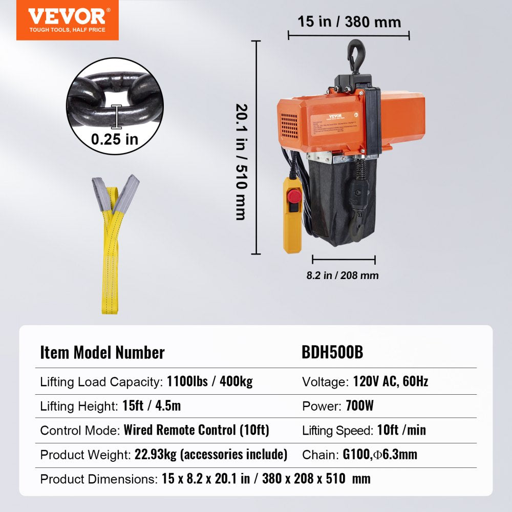 1100 lbs Electric Chain Hoist 15 FT Lifting Height, 120V Electric Hoist, Single Phase Overhead Crane with G100 Chain, 10 ft Wired Remote Control for Garage, Shop, Hotel, Home