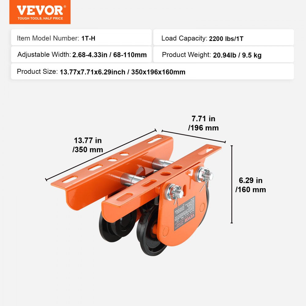 Electric Hoist Manual Trolley, 2200 lbs/1 Ton Capacity for PA200 PA250 PA300 PA400 PA500, Push Beam Trolley with Dual Wheels, 2.68"-4.33" Adjustable Beam Flange Width for Straight Curved I Beam